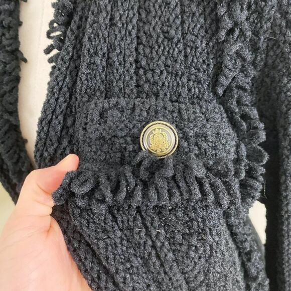 LINI Black Boucle Knit Cardigan Silk Blend Size Small Open Front Pockets Fringe - Picture 6 of 10